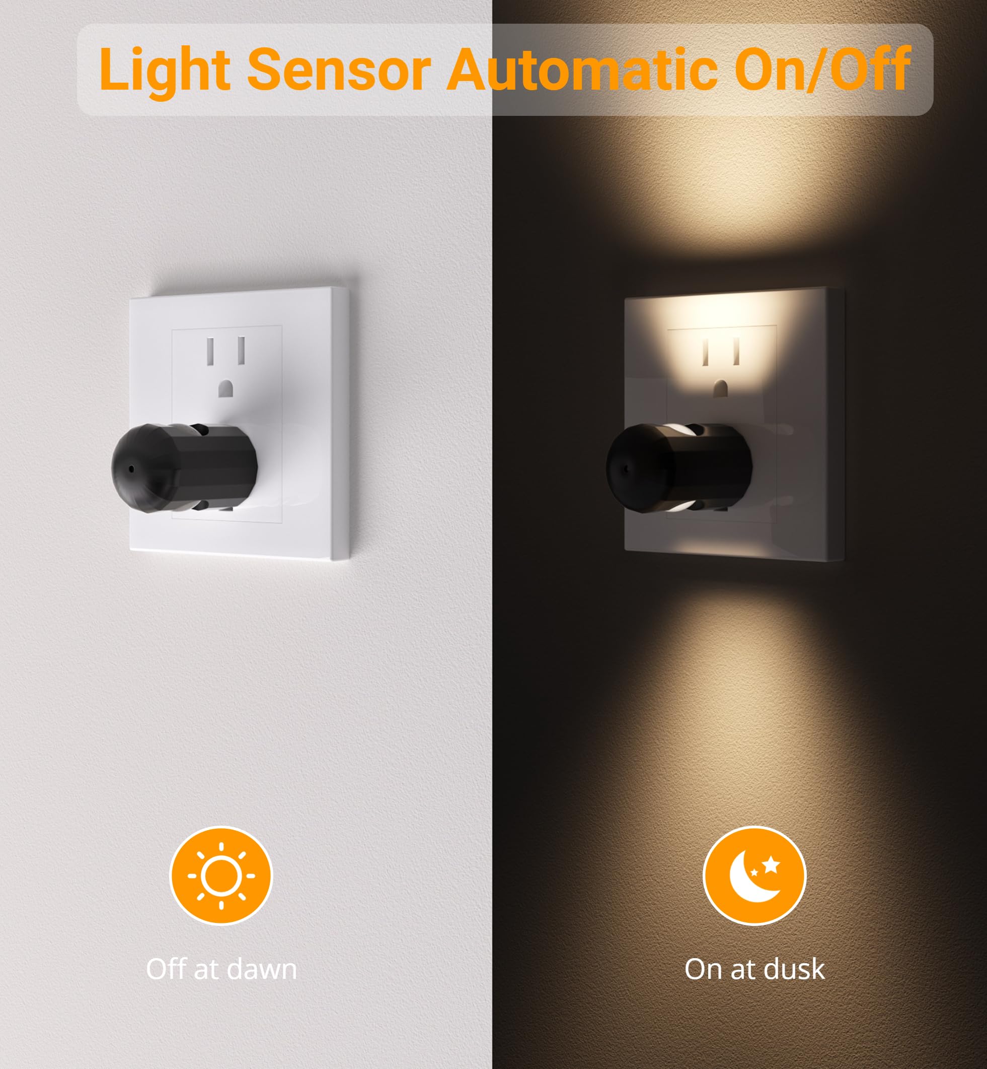 TSEXES plug-in night light with 90-degree swivel for flexible outlet placement.
