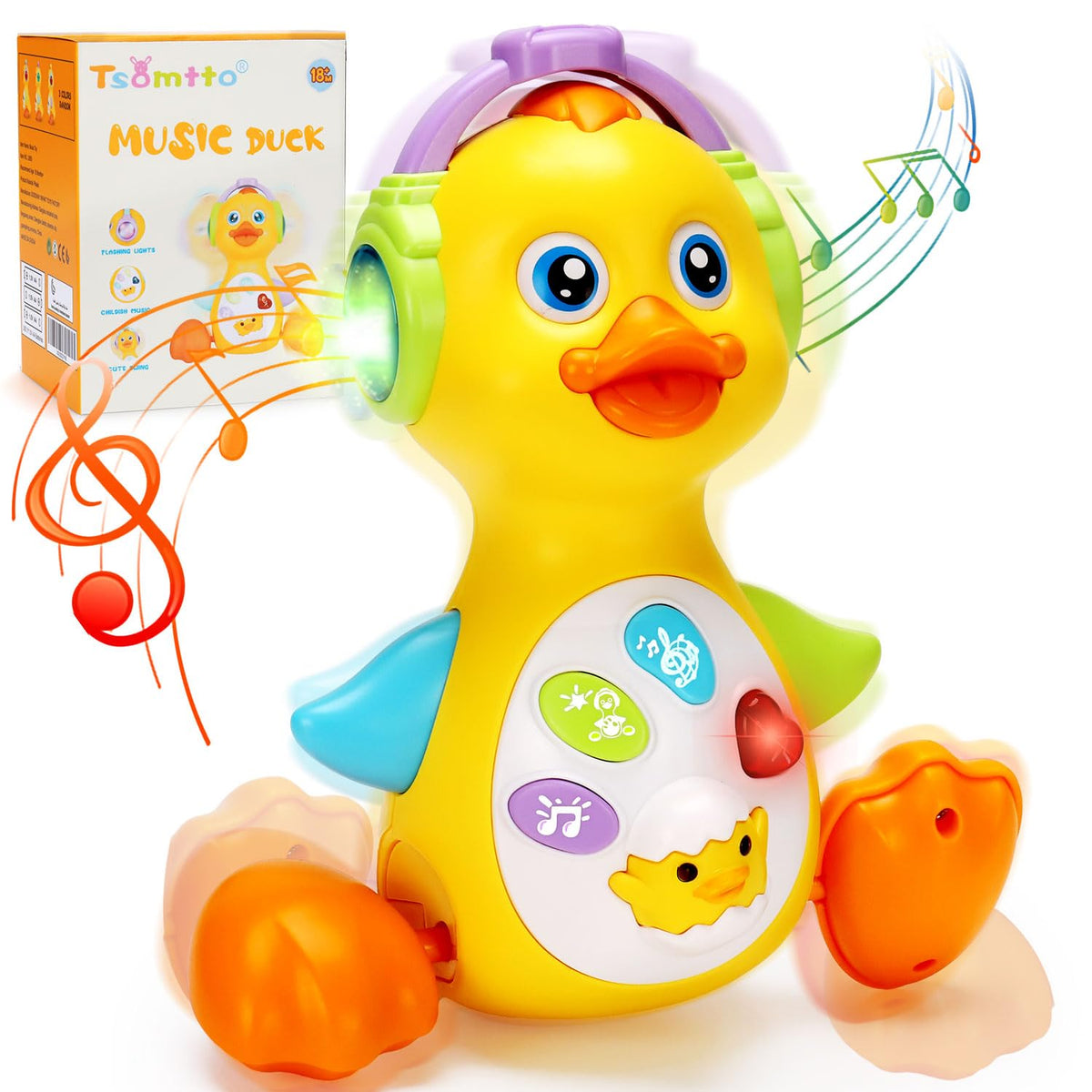 Tsomtto baby musical light-up duck toy, front view, capturing interactive play and learning.