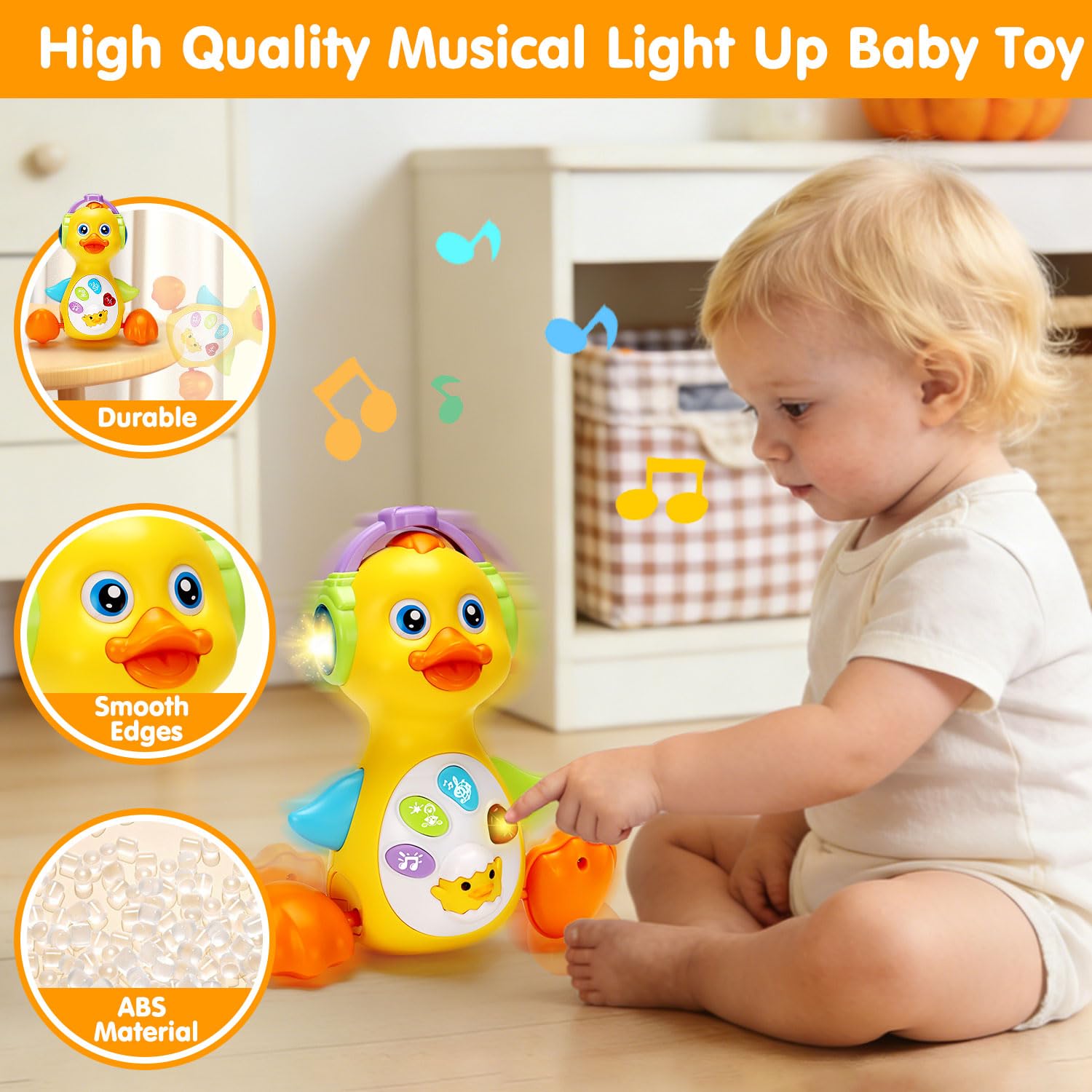 Tsomtto duck during tummy time play encourages reaching and tracking with colorful lights.
