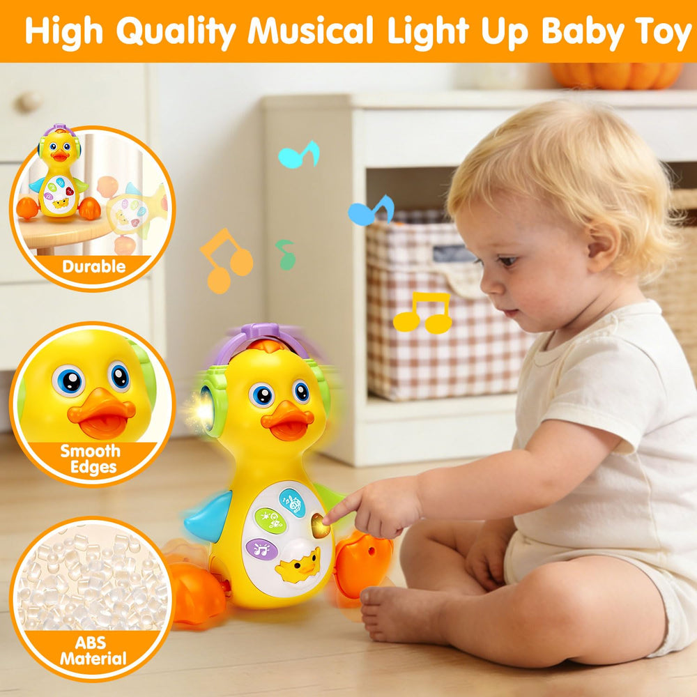 Tsomtto duck during tummy time play encourages reaching and tracking with colorful lights.