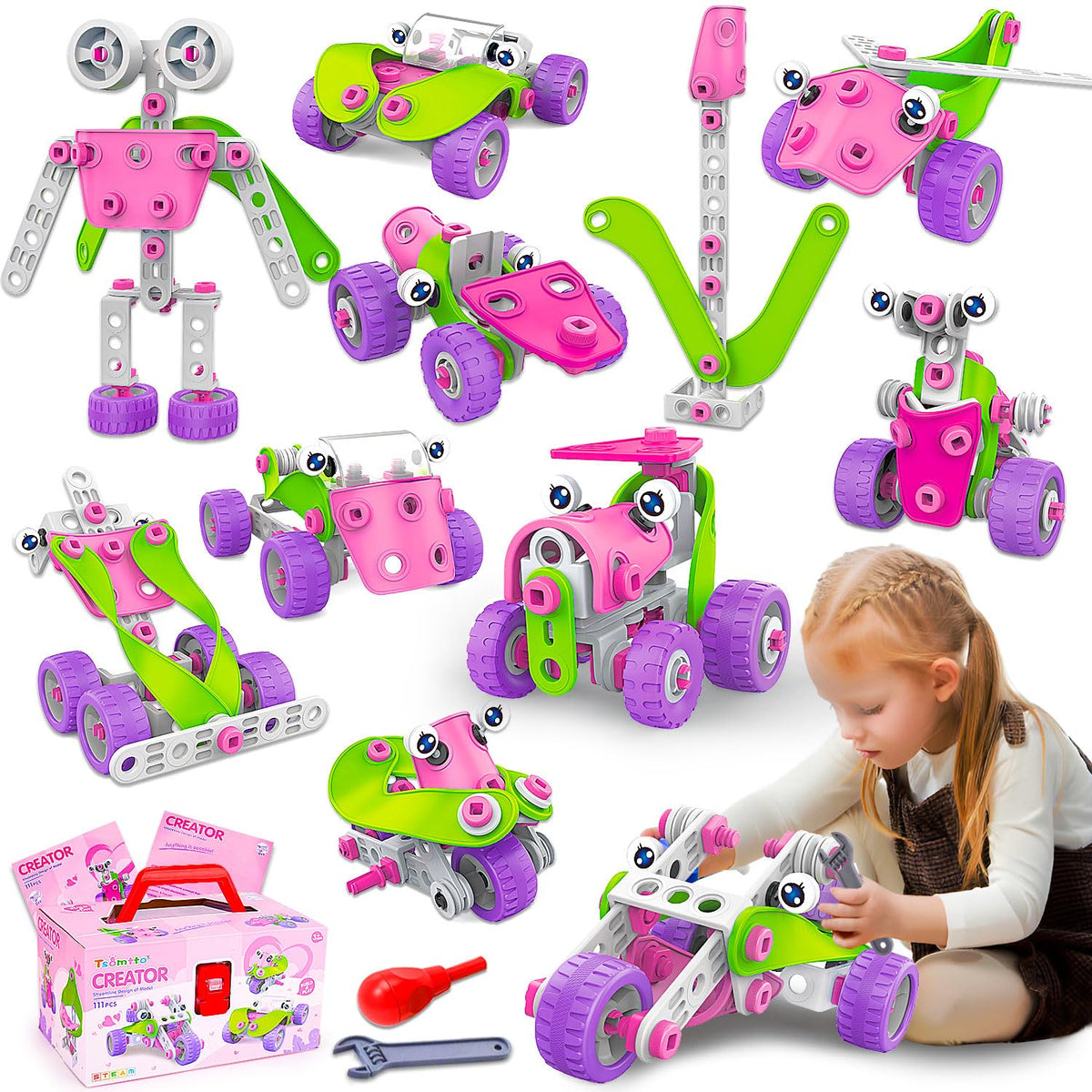 Tsomtto pink STEM toy cart model offers hands-on learning and creative play