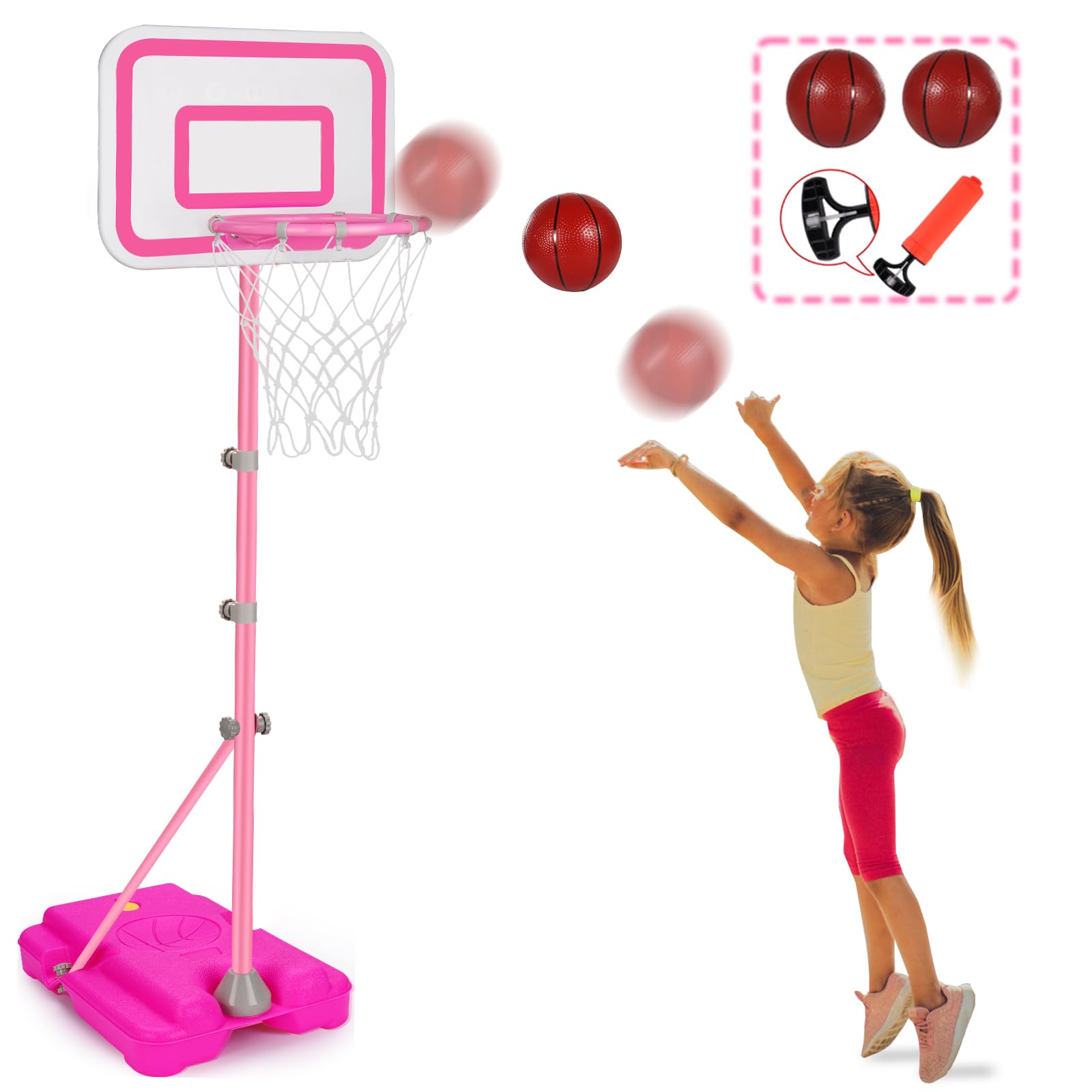 Tsomtto pink toddler basketball hoop with adjustable height for ages 3–6.