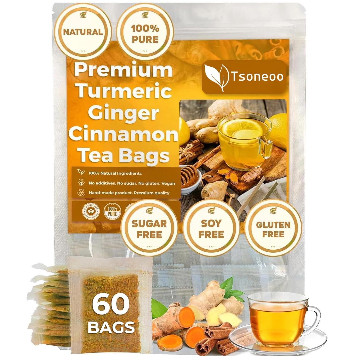 tsoneoo premium tea bags packaging front, showcasing natural blend and eco-friendly design