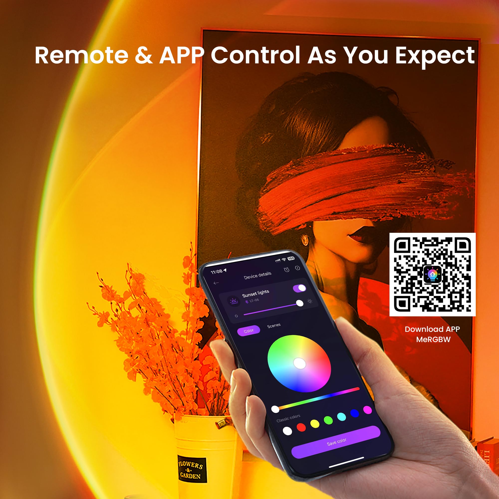 Tsrarey Sunset Lamp app and button control for quick color changes