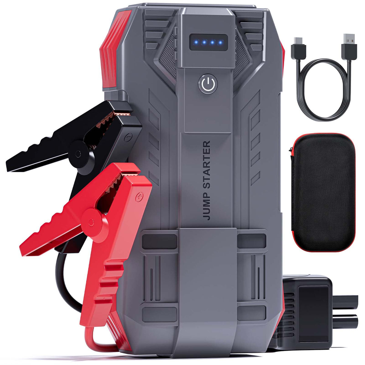 Tstiti 4000A jump starter front view highlights compact design for quick vehicle boosts.