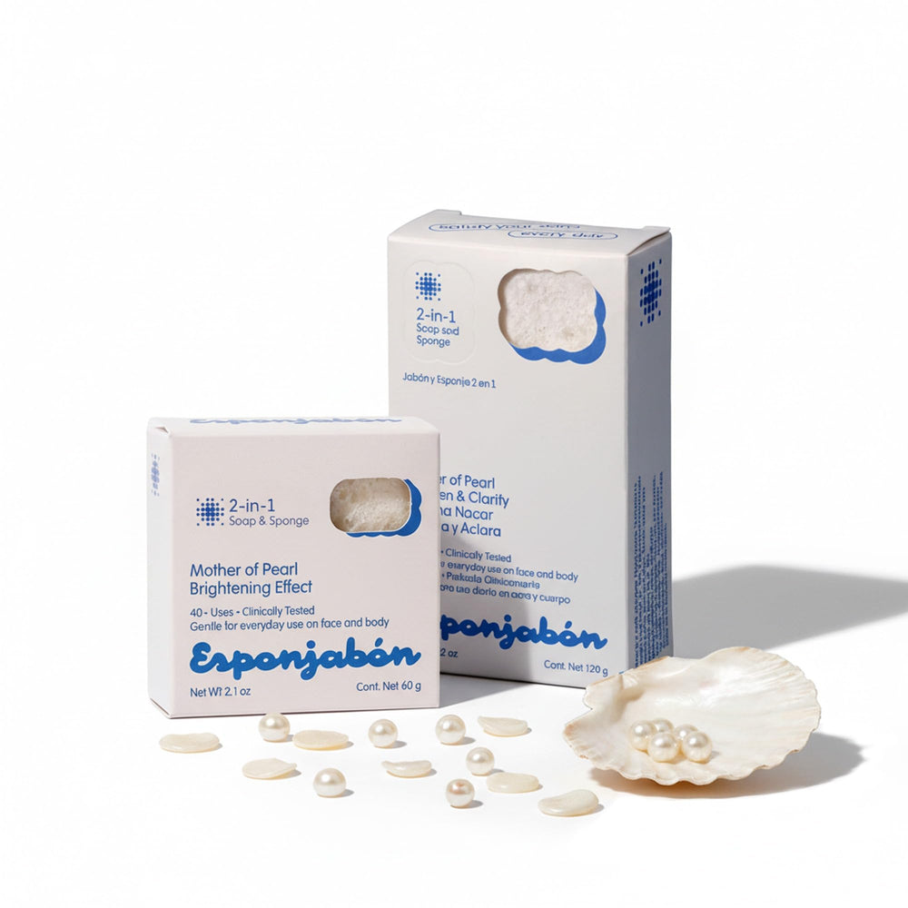 T.Taio Mother of Pearl Esponjabon sponge package in bathroom, durable and refreshing skin.