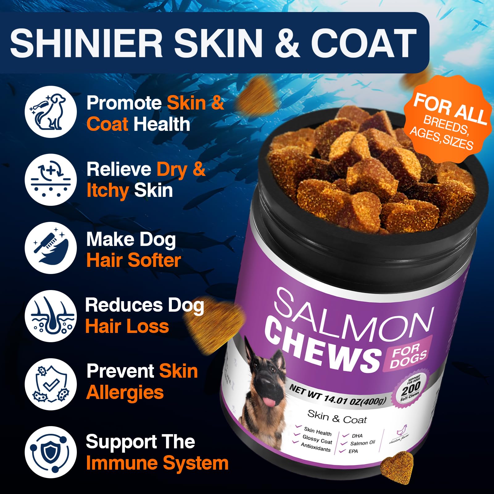 TTLXBL dog fish oil supplement packaging highlighting wellness support