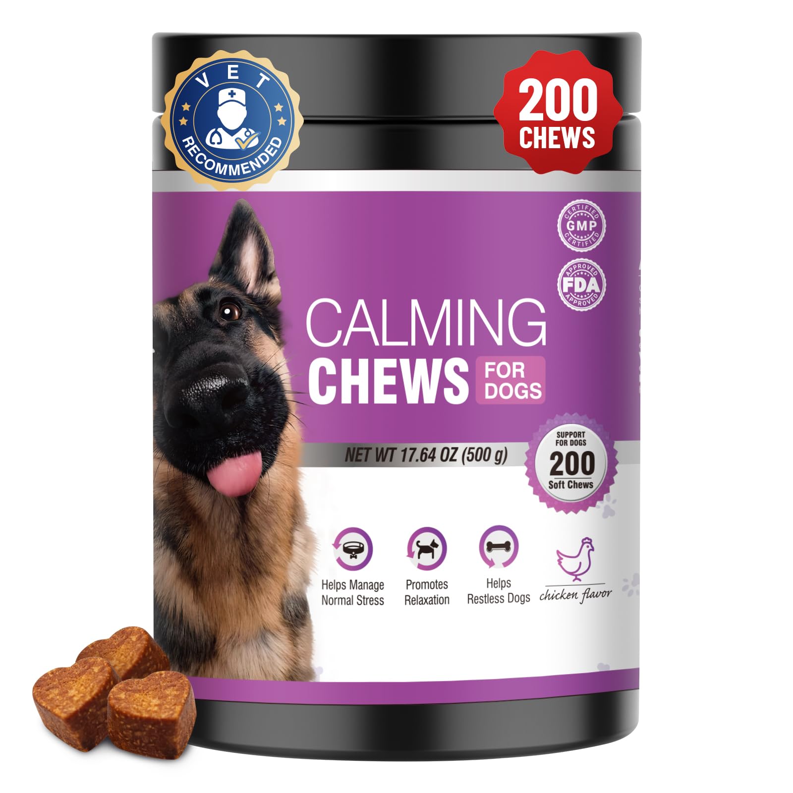 TTLXRL calming chews bottle pour promotes calm during storms for dogs.