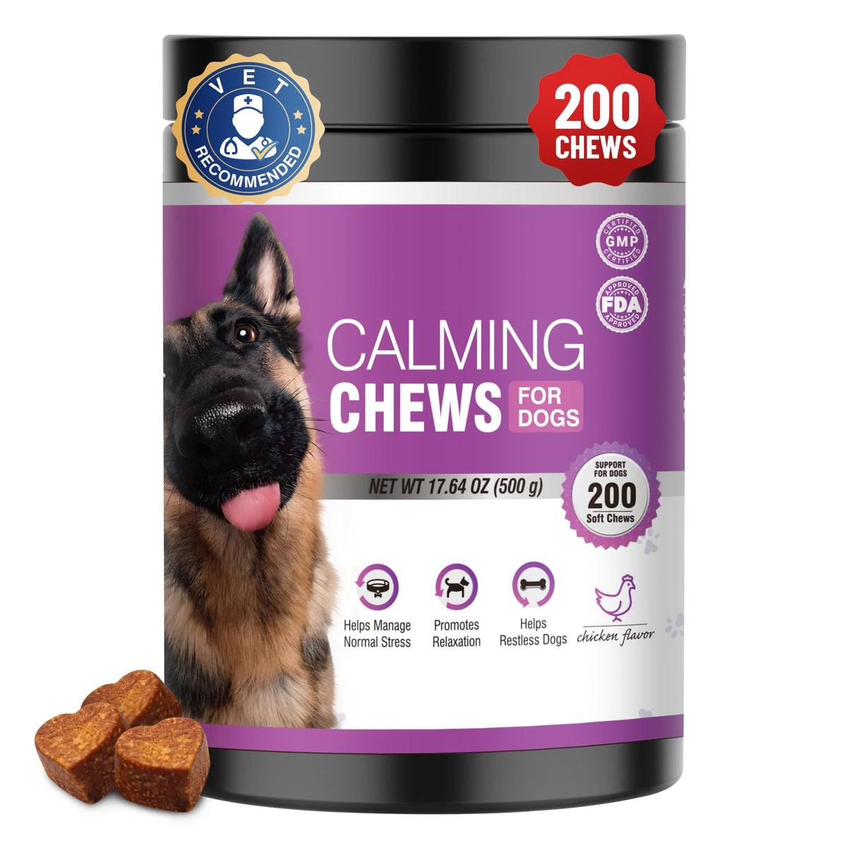 TTLXRL calming chews bottle pour promotes calm during storms for dogs.