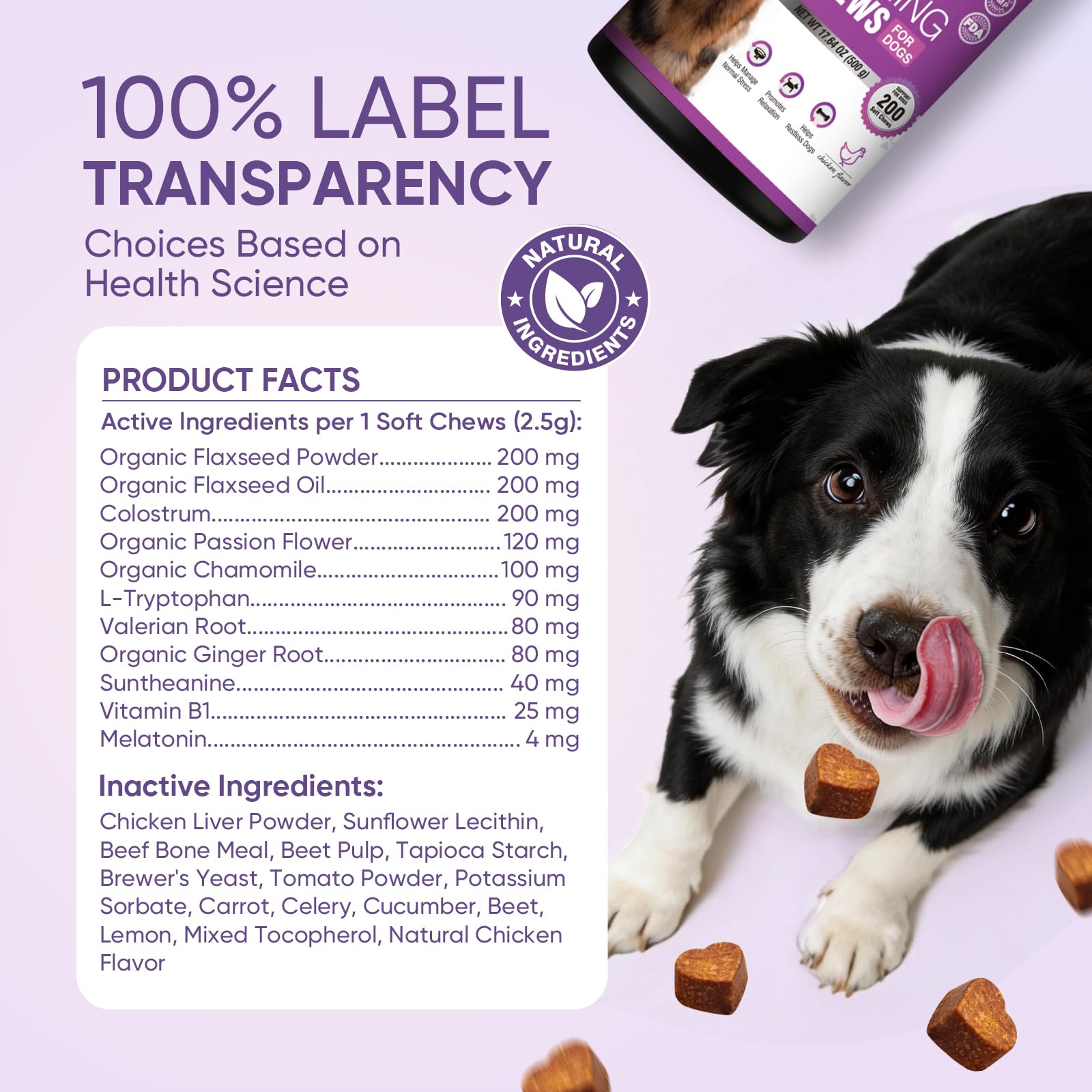 TTLXRL calming chews packaging grain-free claim.