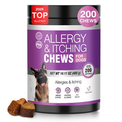 TTLXRL dog allergy chews bottle image showing easy serving and itch relief potential.
