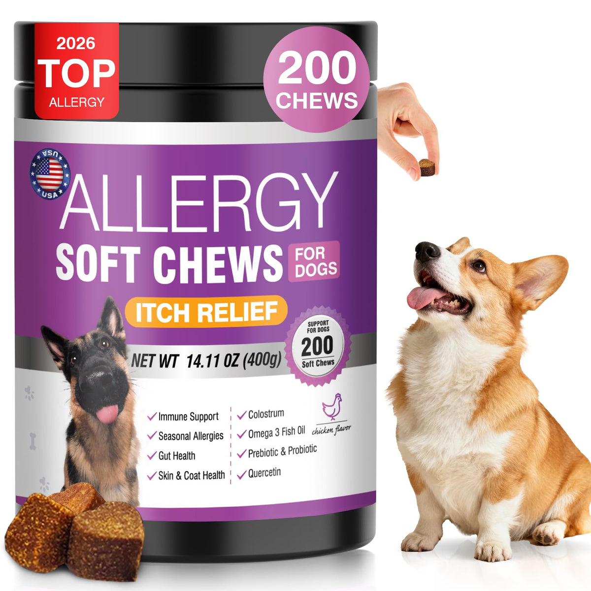 TTLXRL dog allergy chews jar with soft chews for itch relief and immune support