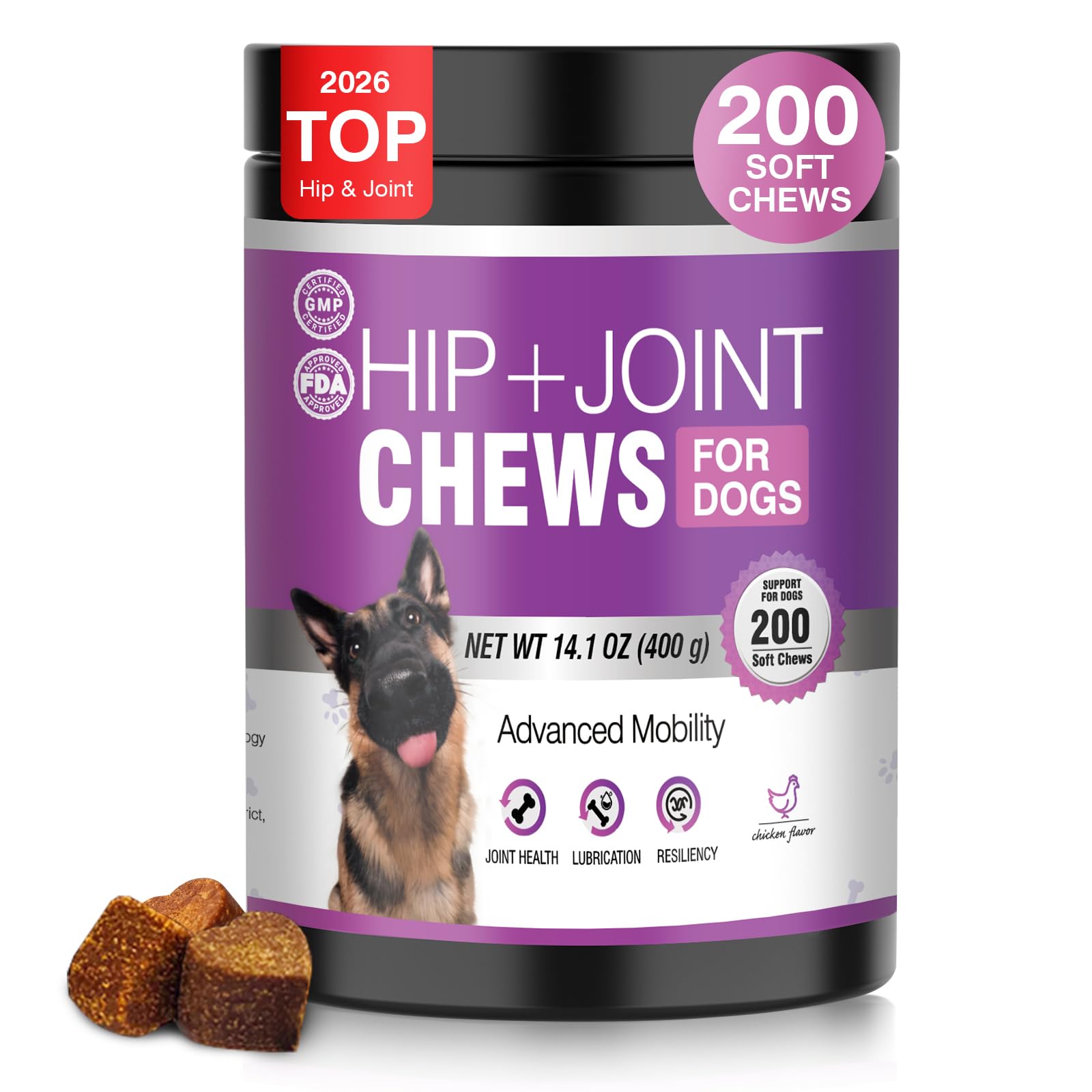 TTLXRL Glucosamine for Dogs packaging label highlights joint support for mobility.