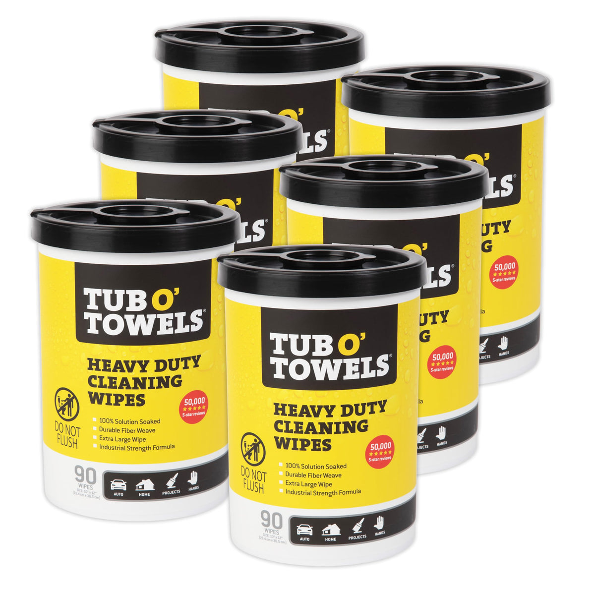 Tub O' Towels TW90 canister close-up showing heavy-duty wipes ready for cleaning.