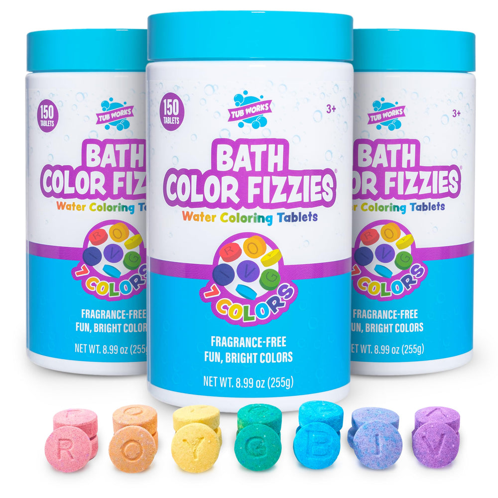 Tub Works Bath Color Fizzies canister closeup shows colorful tablets for safe kids' baths