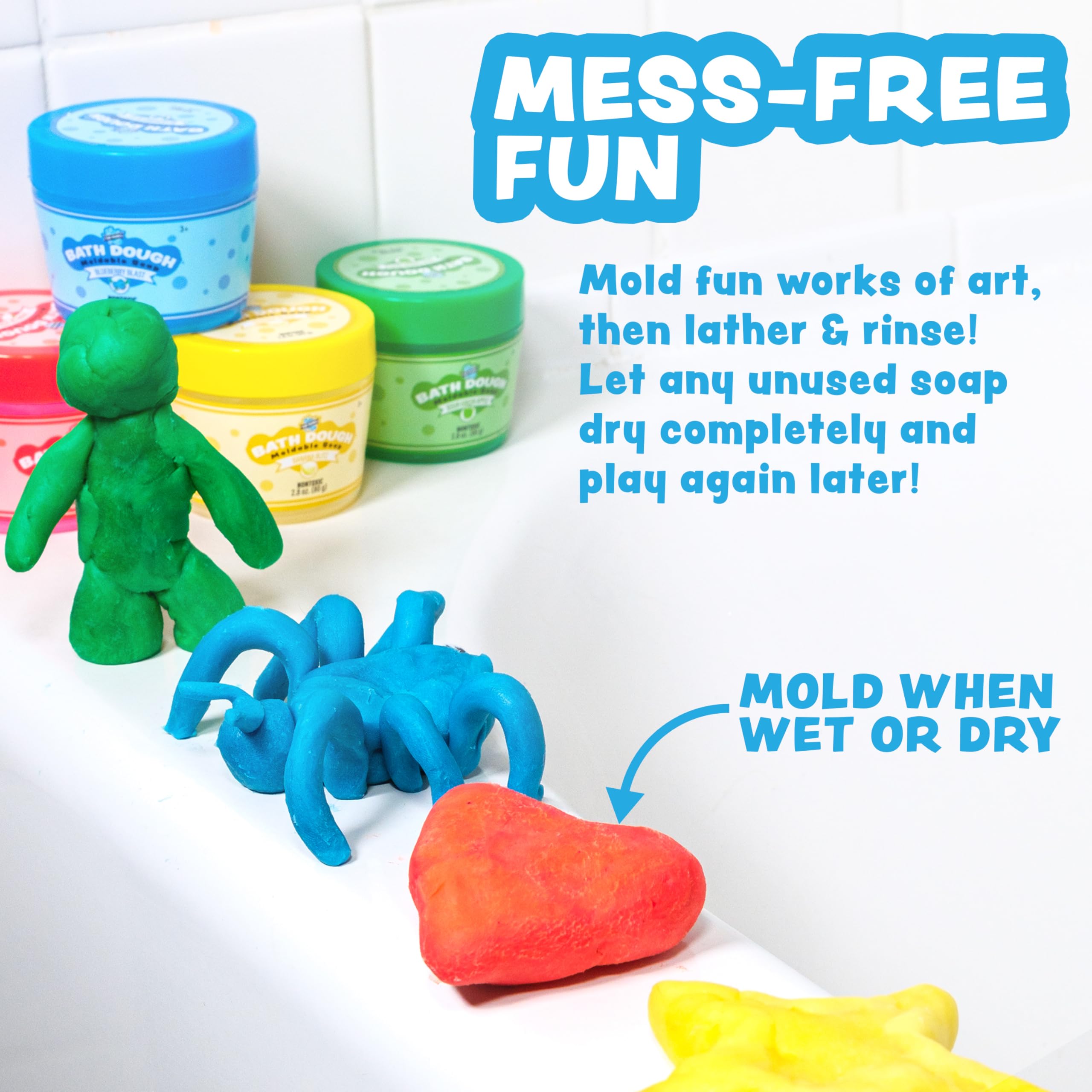 Tub Works Bath Dough blue jar inspires imaginative tub sculptures and squishy fun