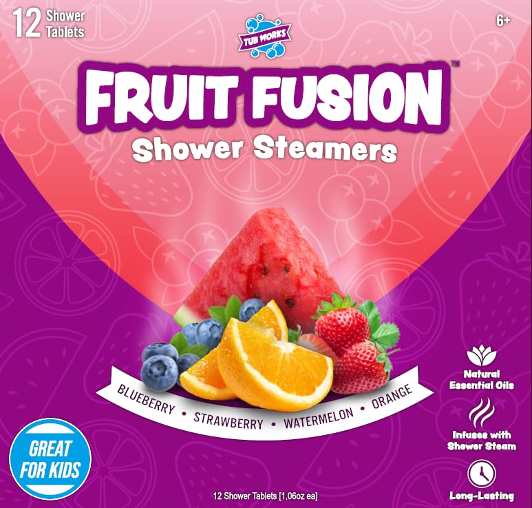 Tub Works Fruit Fusion Shower Steamer closeup, colorful steam suggests immersive experience.