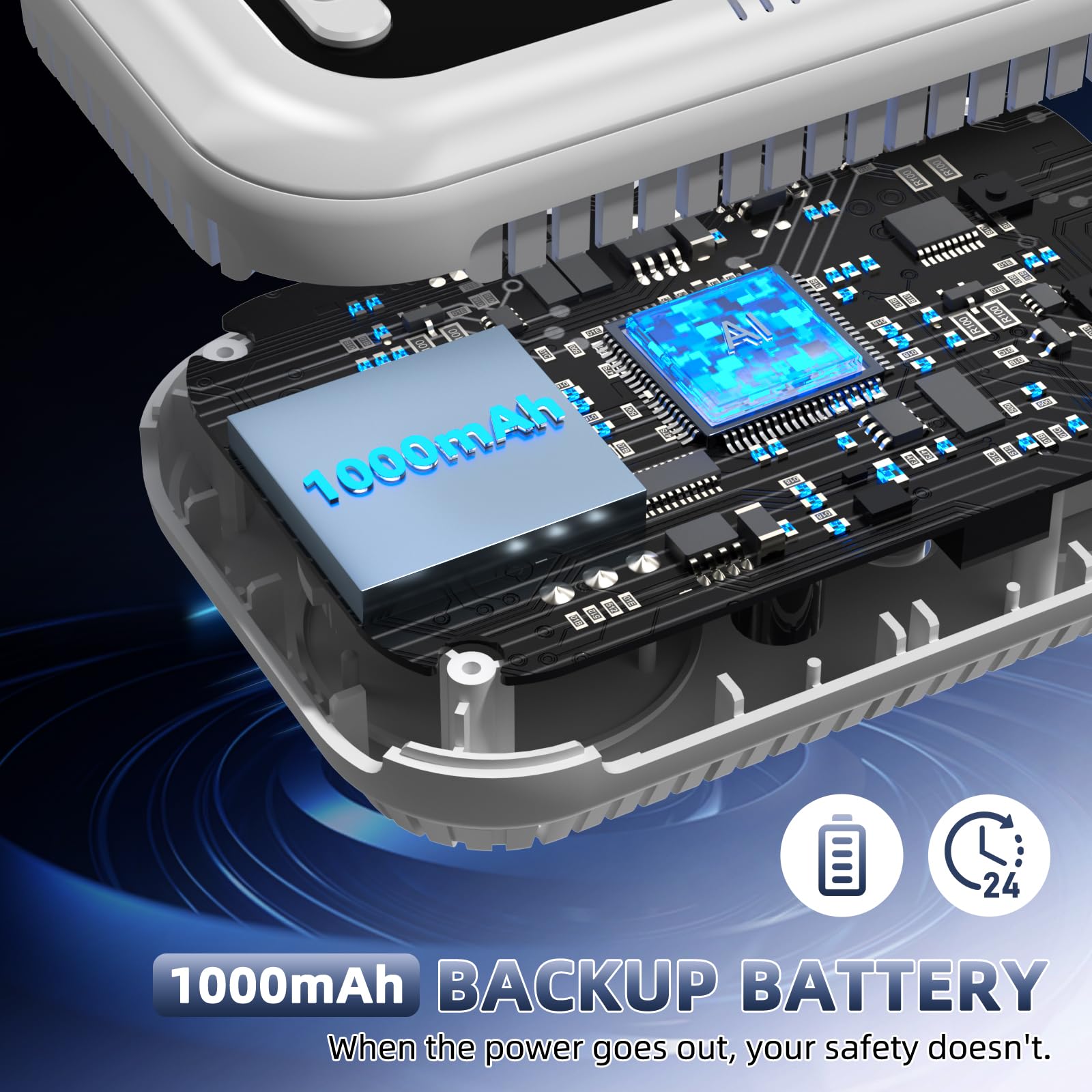 TUIKEN 5-in-1 CO detector built‑in 1000 mAh battery provides backup power.
