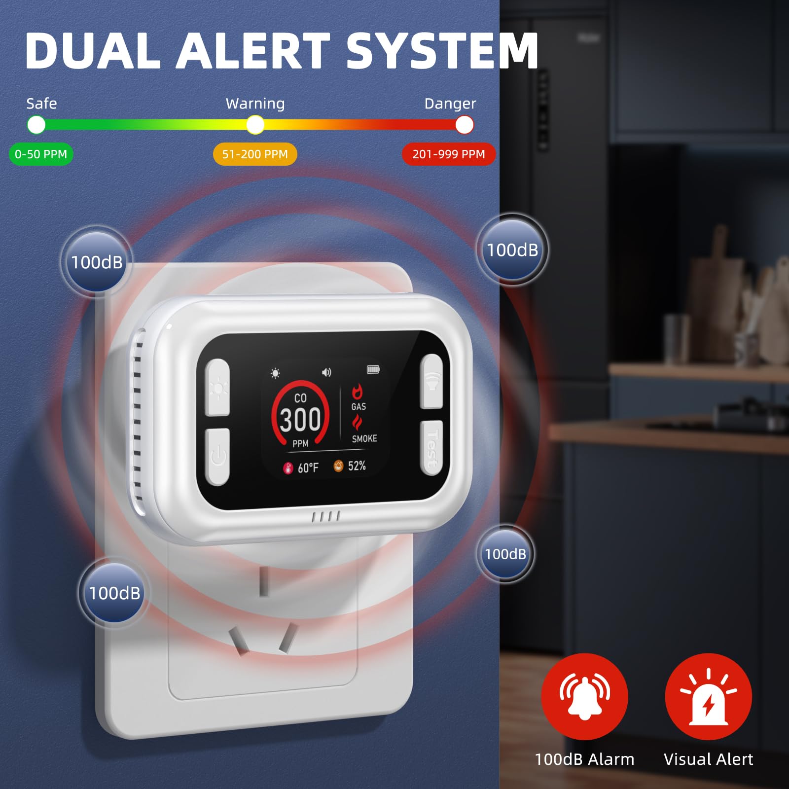 TUIKEN 5-in-1 CO detector plug-in setup suitable for common outlets and travel use.