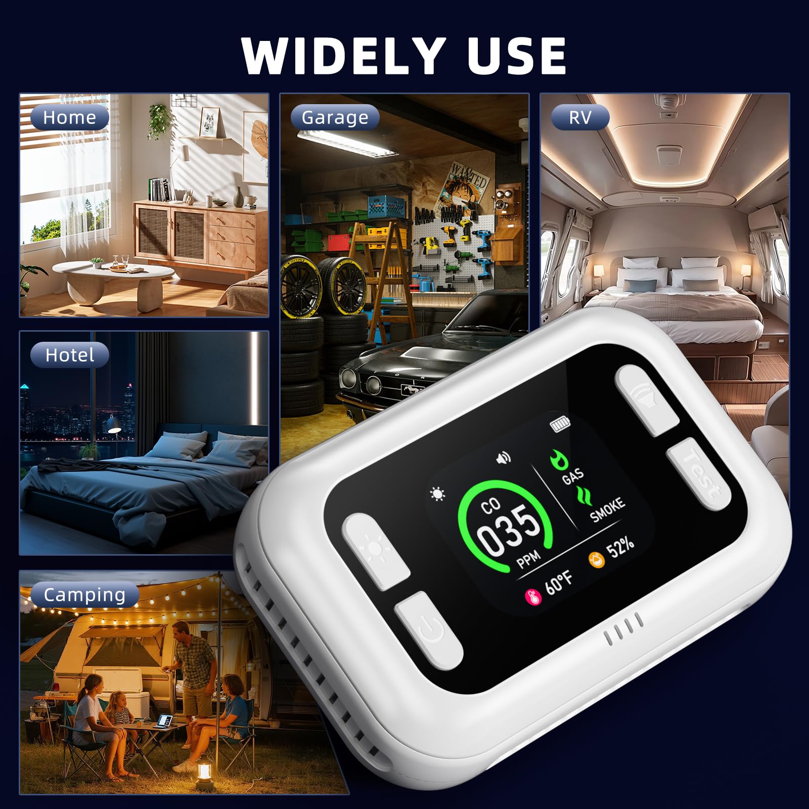 TUIKEN 5-in-1 CO detector for RV or travel scenarios guarding against gas leaks.