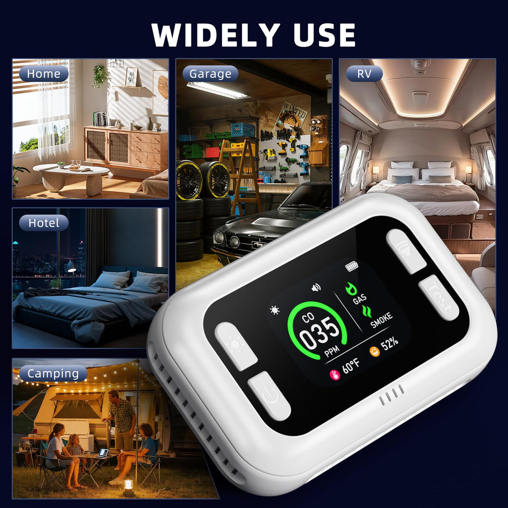 TUIKEN 5-in-1 CO detector for RV or travel scenarios guarding against gas leaks.