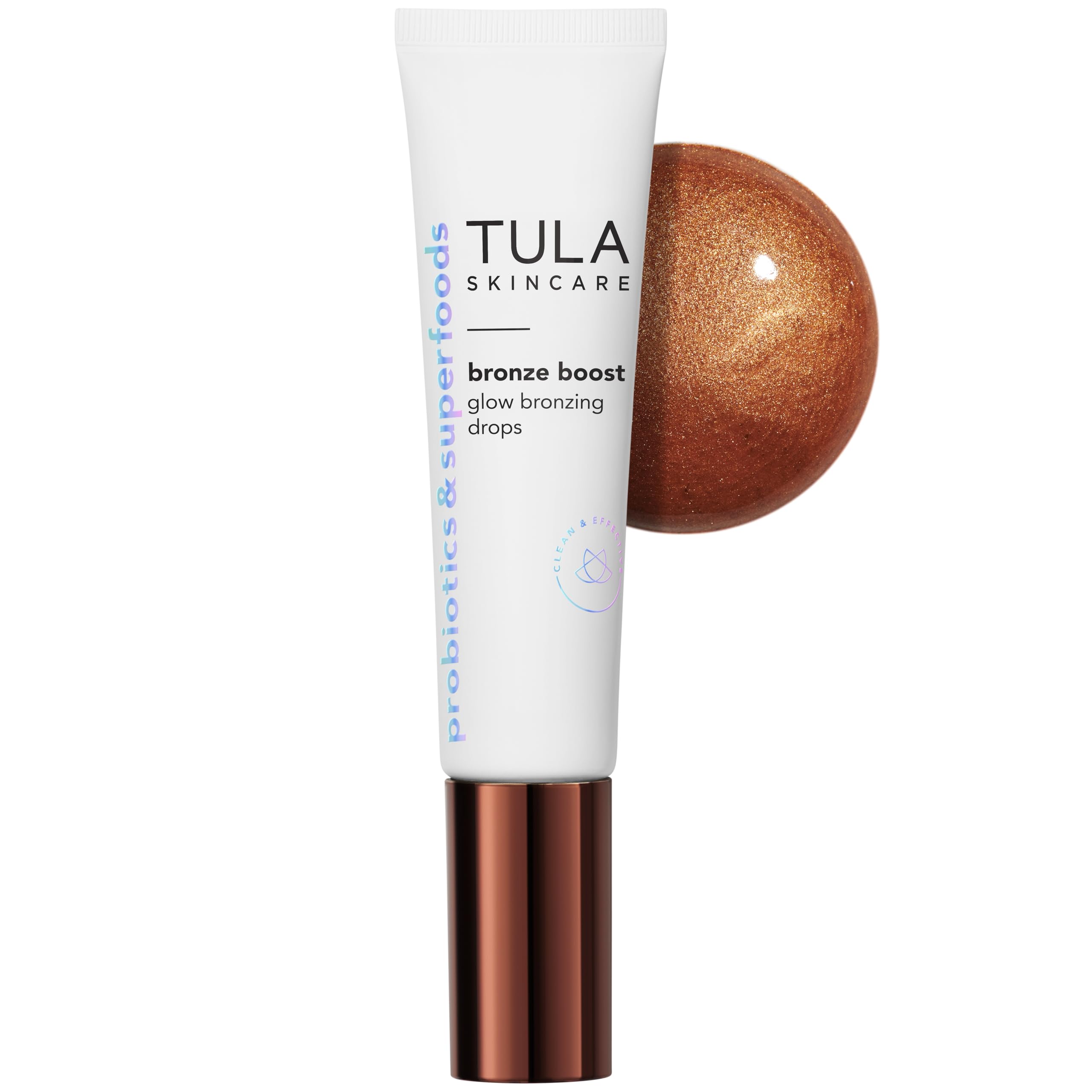 TULA Bronze Boost Glow bottle on vanity for radiant skin