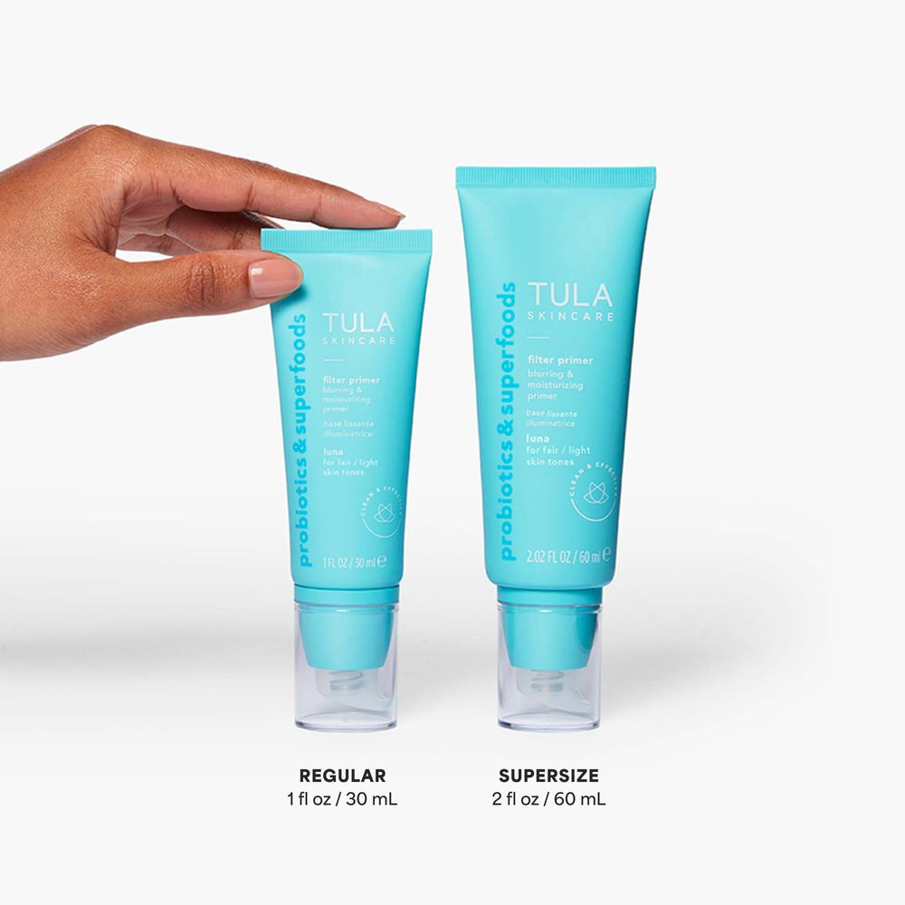 TULA Luna primer on cheek demonstrates seamless blend and comfortable wear.