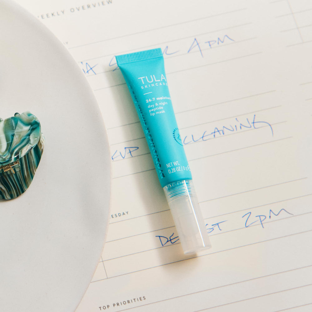 Packaging label on sleek tub for TULA lip mask.