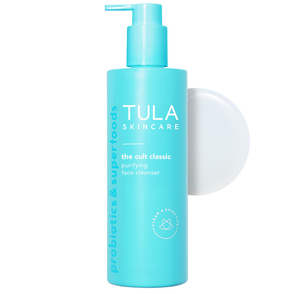 TULA Purifying Face Cleanser bottle shown for gentle cleansing and makeup removal.