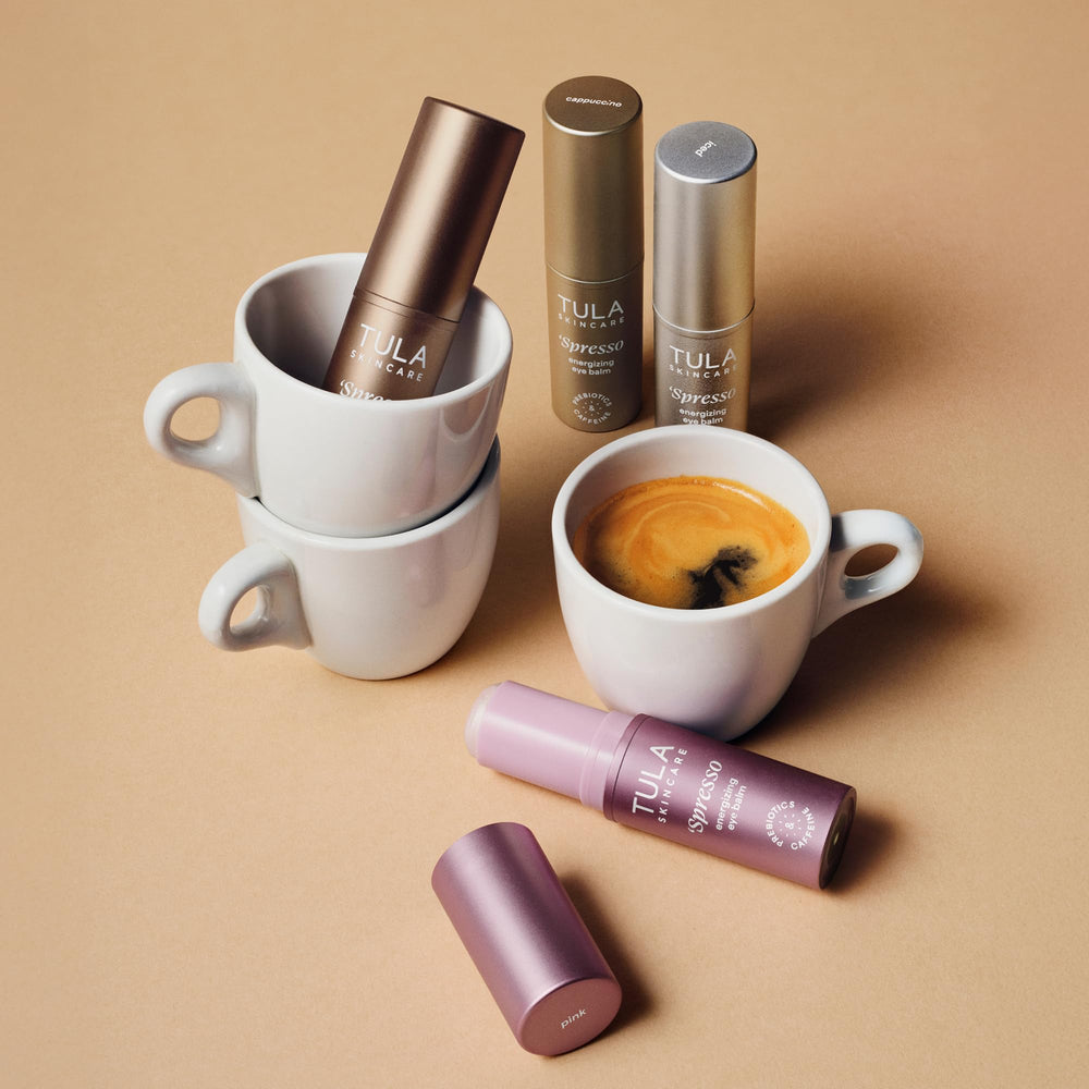 Probiotic extracts in TULA Spresso Americano eye balm for balanced skin.