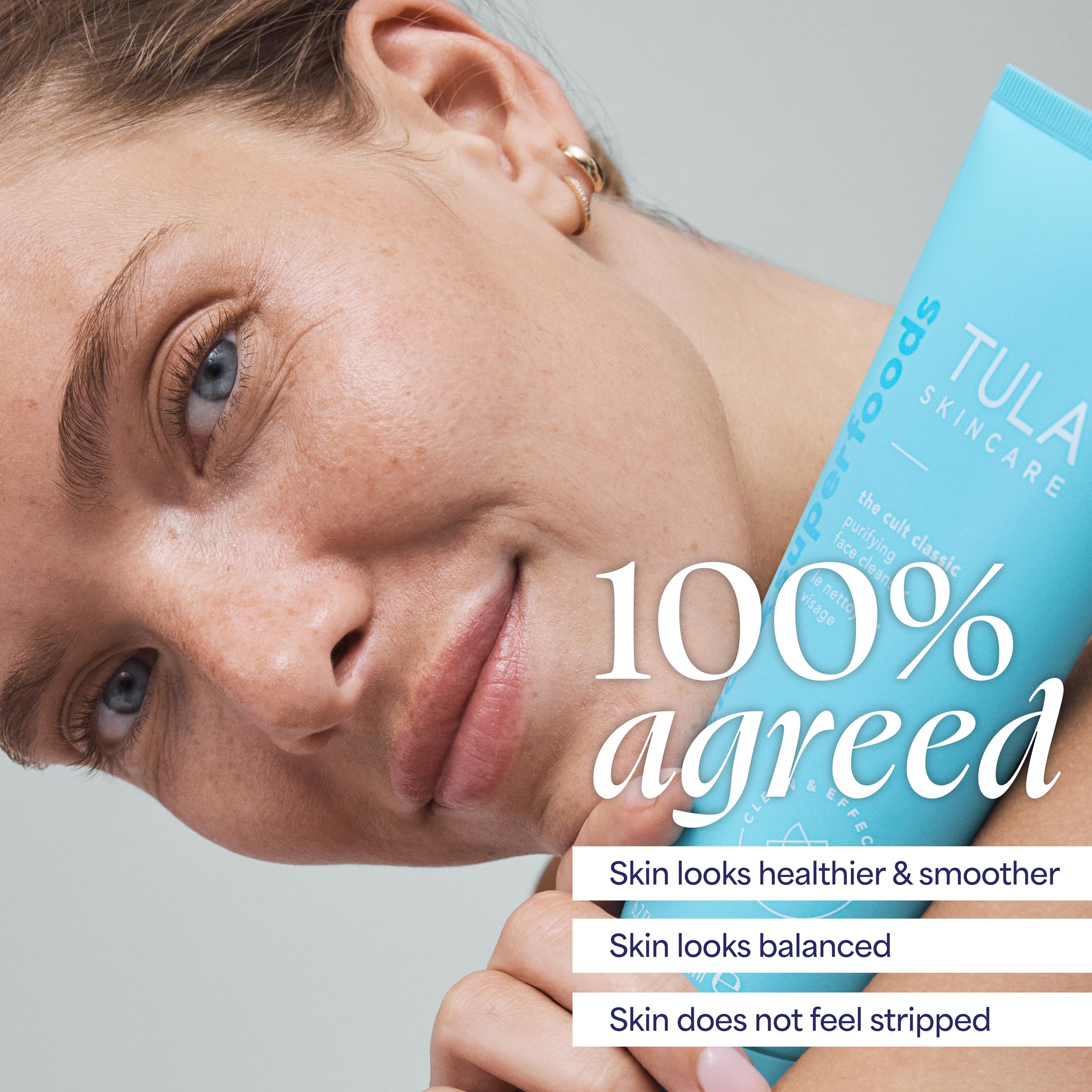 White tea and blueberry imagery signifying hydration in TULA cleanser.