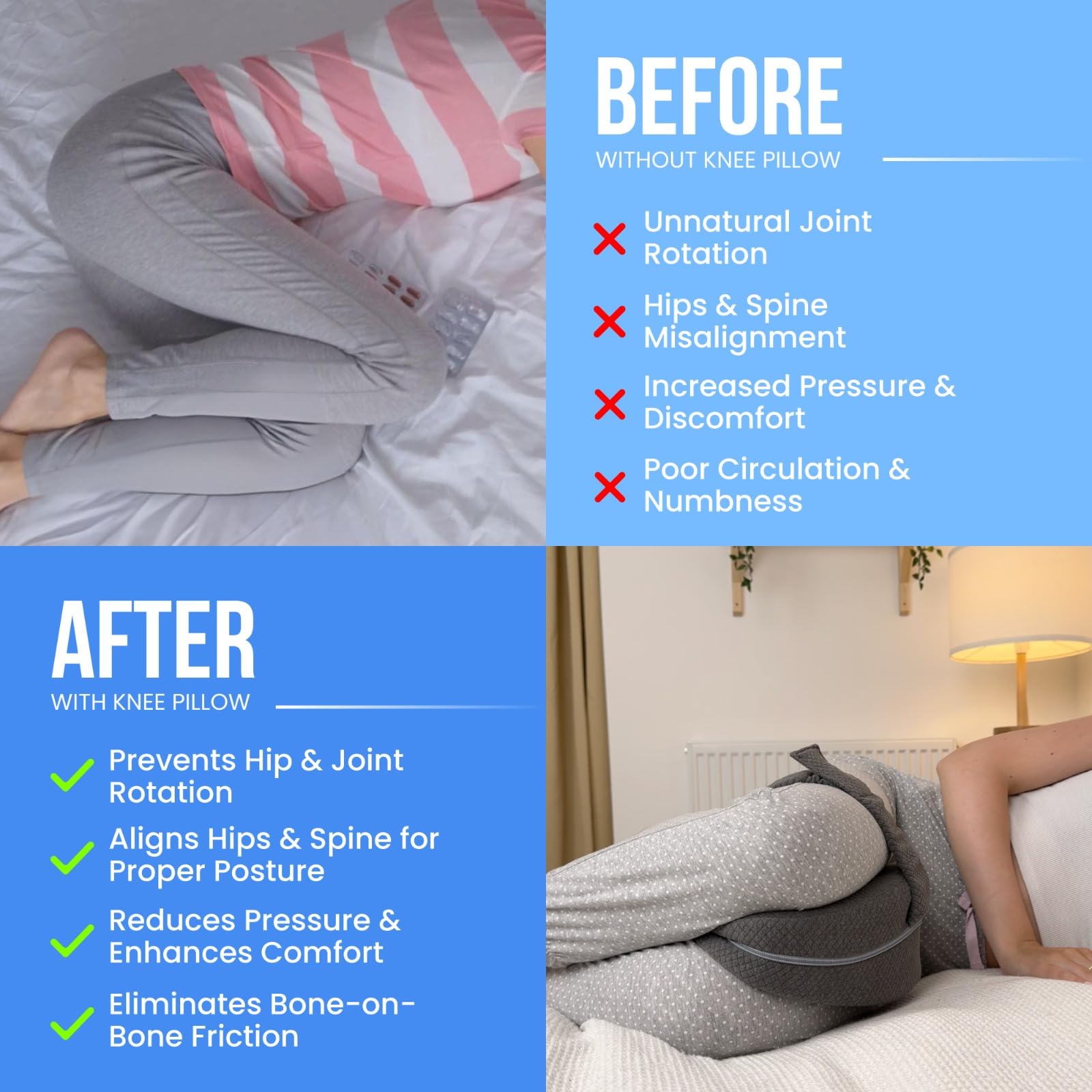TULARIS between-legs use supports knee and spine alignment during sleep.