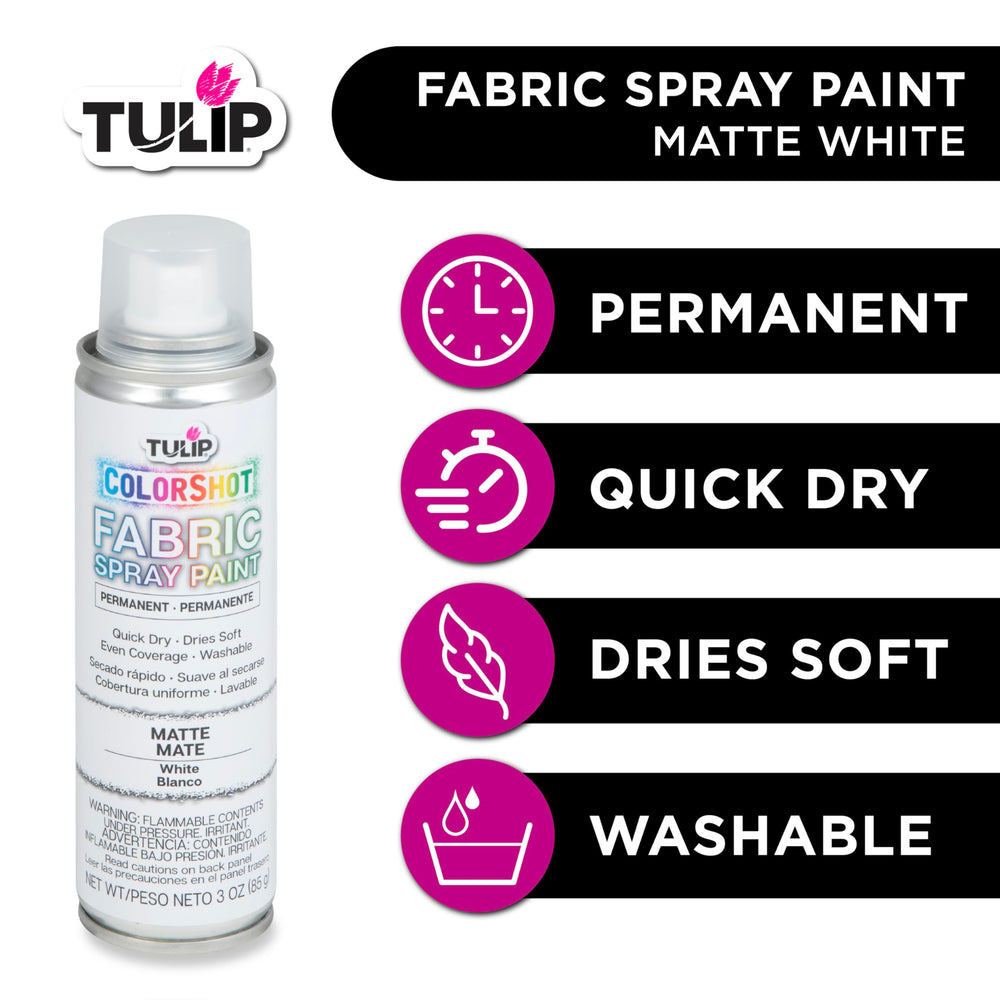 Tulip ColorShot spray application on fabric shows even coverage and quick drying.