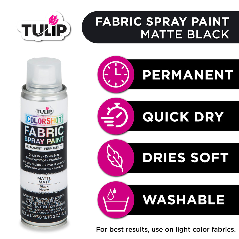 Tulip ColorShot spray action on fabric demonstrates even coverage without drips.