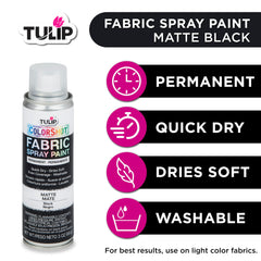 Tulip ColorShot spray action on fabric demonstrates even coverage without drips.