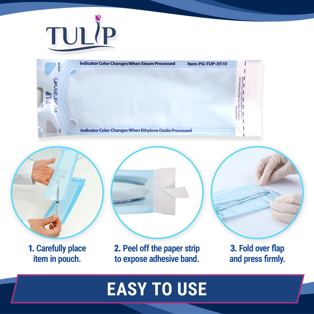 Tulip dental tool sterilization pouch maintaining sterility between appointments.