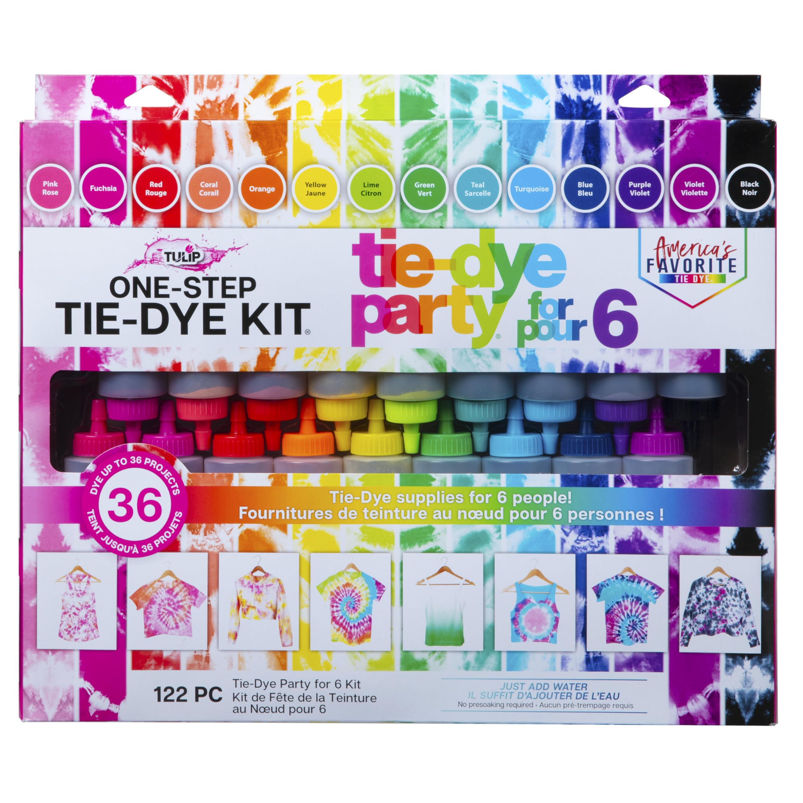 Tulip One Step 18-color dye bottles for vibrant party-ready tie-dye.