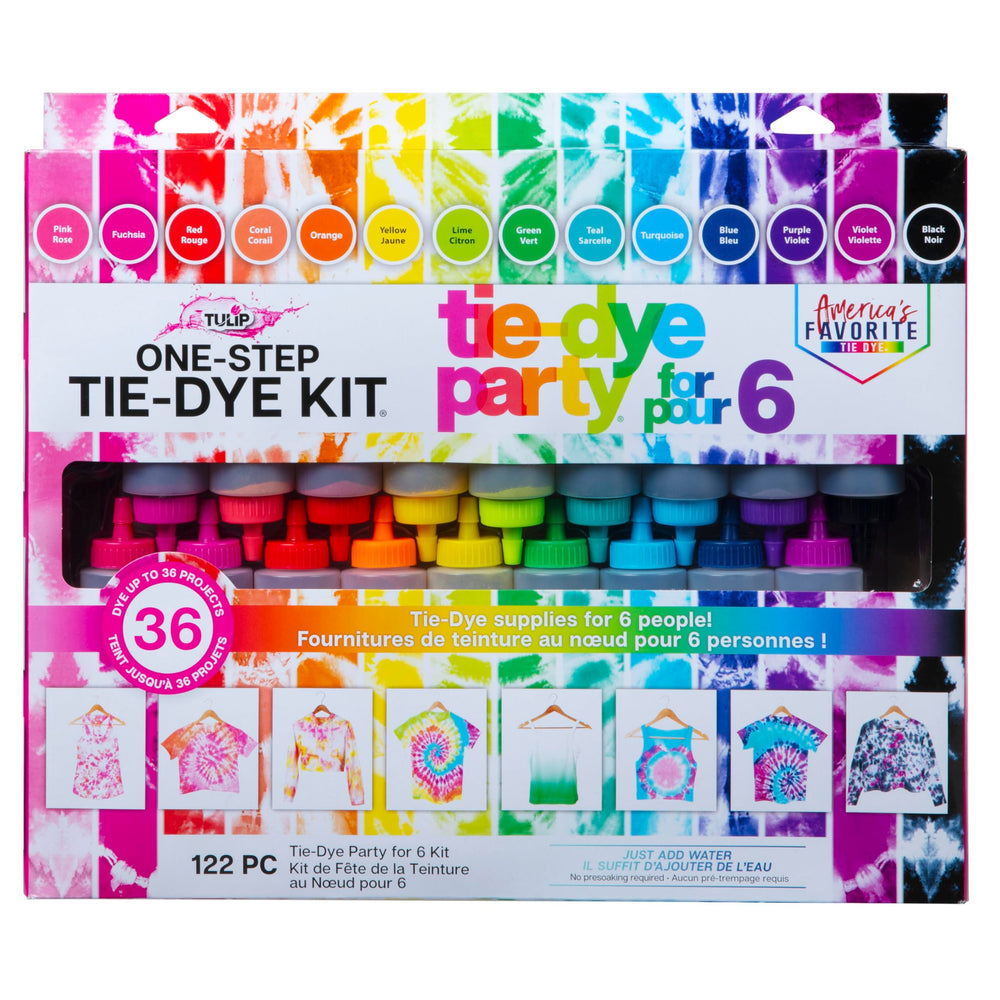 Tulip One Step 18-color dye bottles for vibrant party-ready tie-dye.