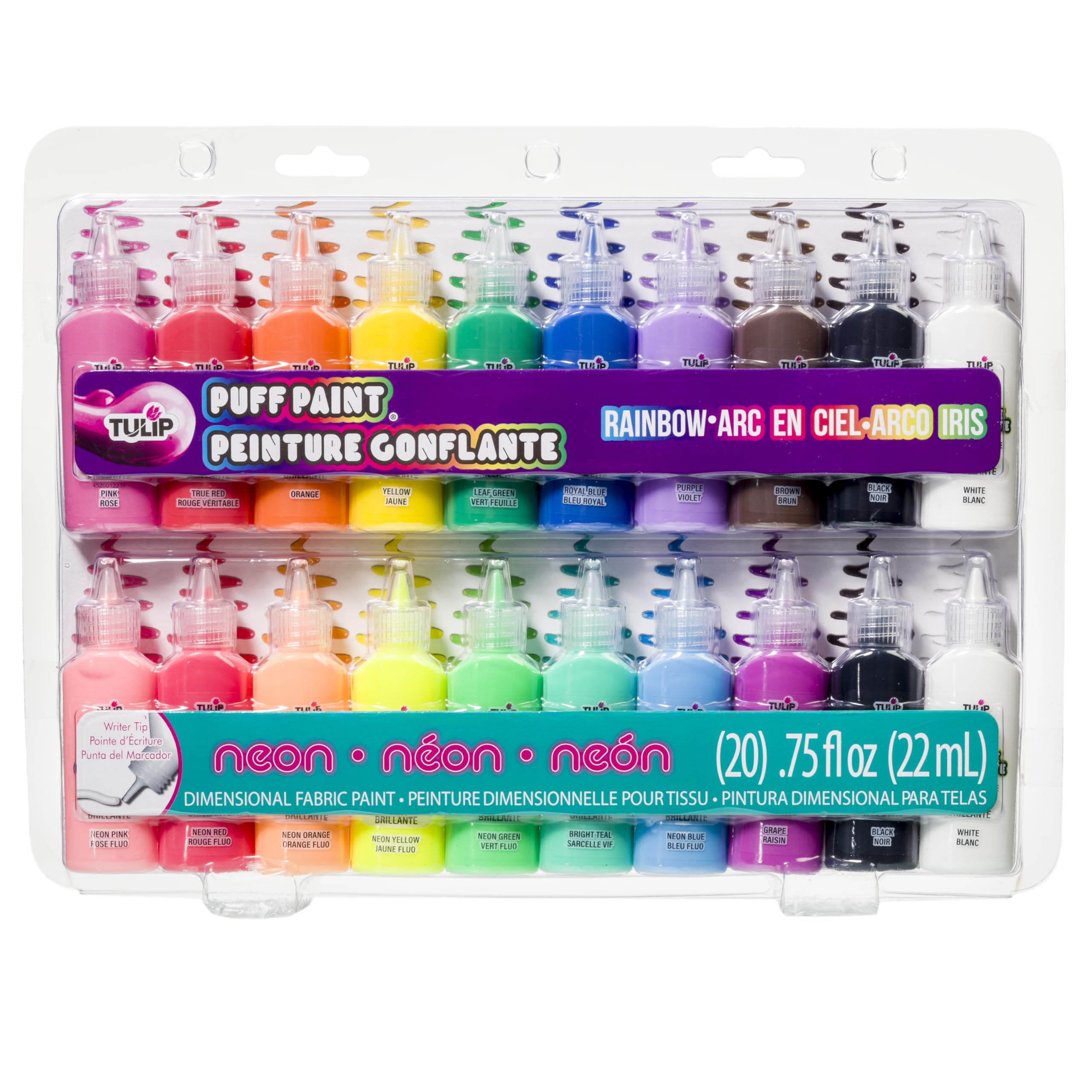 Tulip Puff Paint bottles show vibrant hues for bold fabric designs.