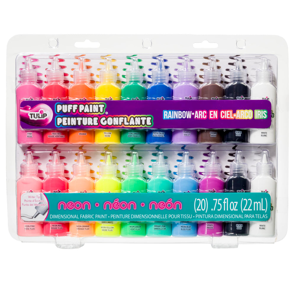 Tulip Puff Paint bottles show vibrant hues for bold fabric designs.