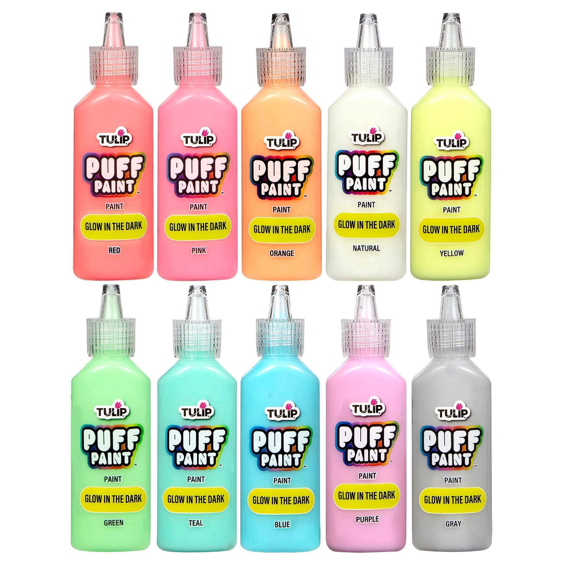 Tulip Puff Paint Glow in the Dark dries permanent on fabrics while staying flexible