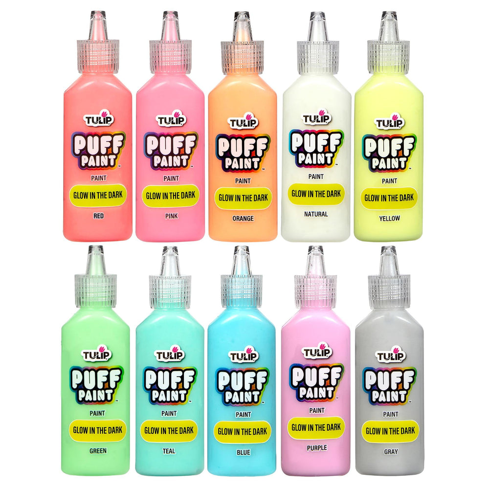 Tulip Puff Paint Glow in the Dark dries permanent on fabrics while staying flexible