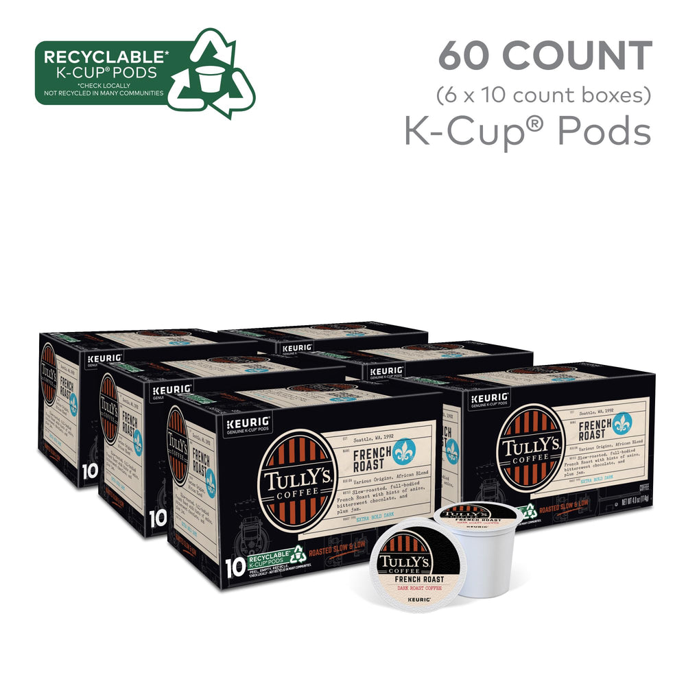 Tully's French Roast aroma fills the kitchen as the K-Cup brews.