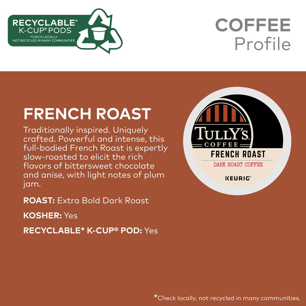 Steam rises from a Tully's mug showcasing a full-bodied dark roast.