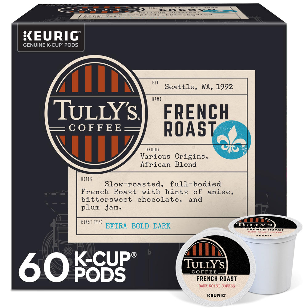 Tully's French Roast K-Cup pods ready for a bold, convenient morning cup.