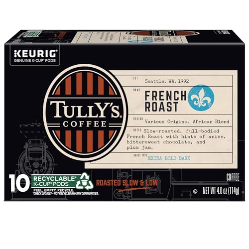 Glass mug with steaming Tully's French Roast suggests a comforting start.