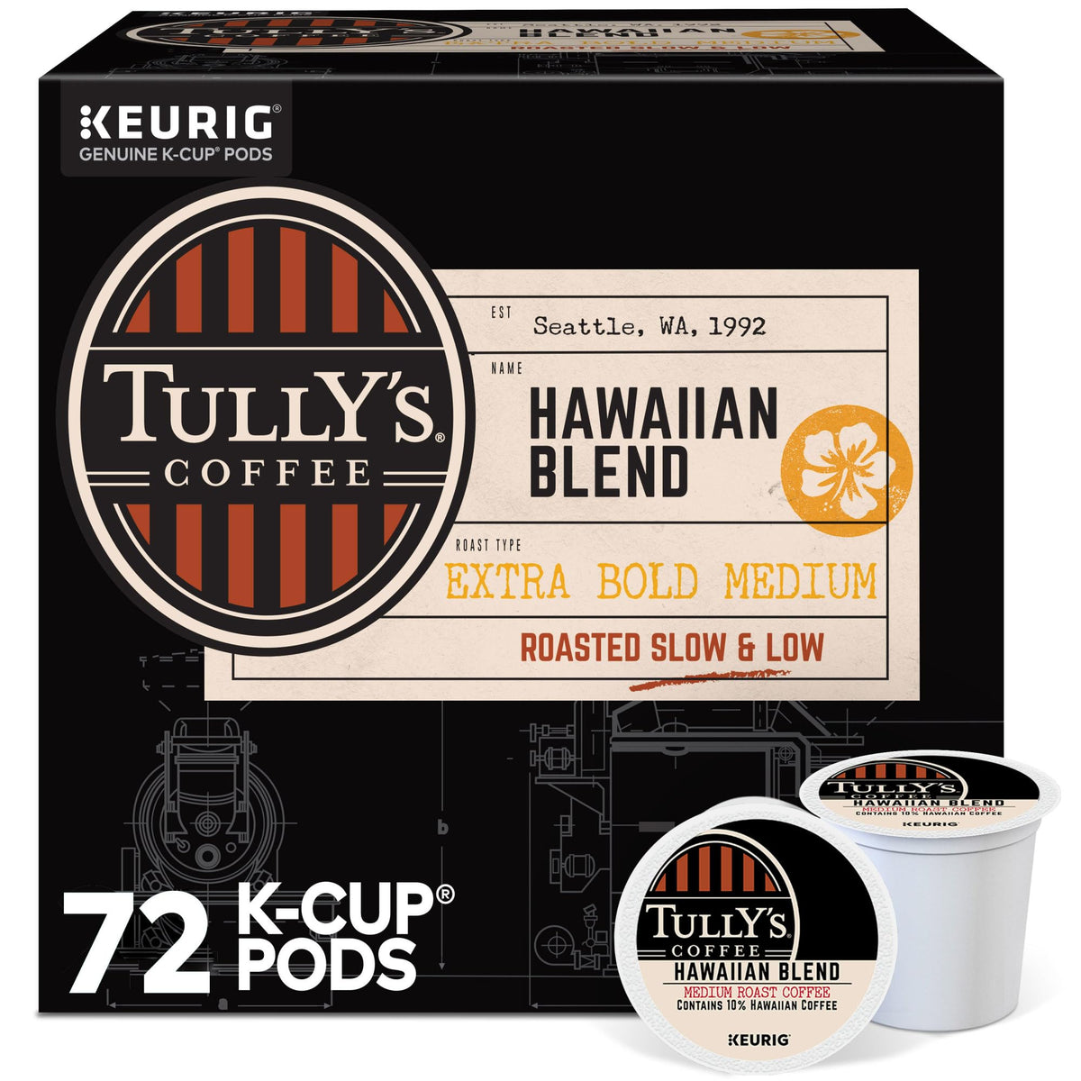 Tully's Hawaiian Blend K-Cup pods in a box for quick single-serve mornings.