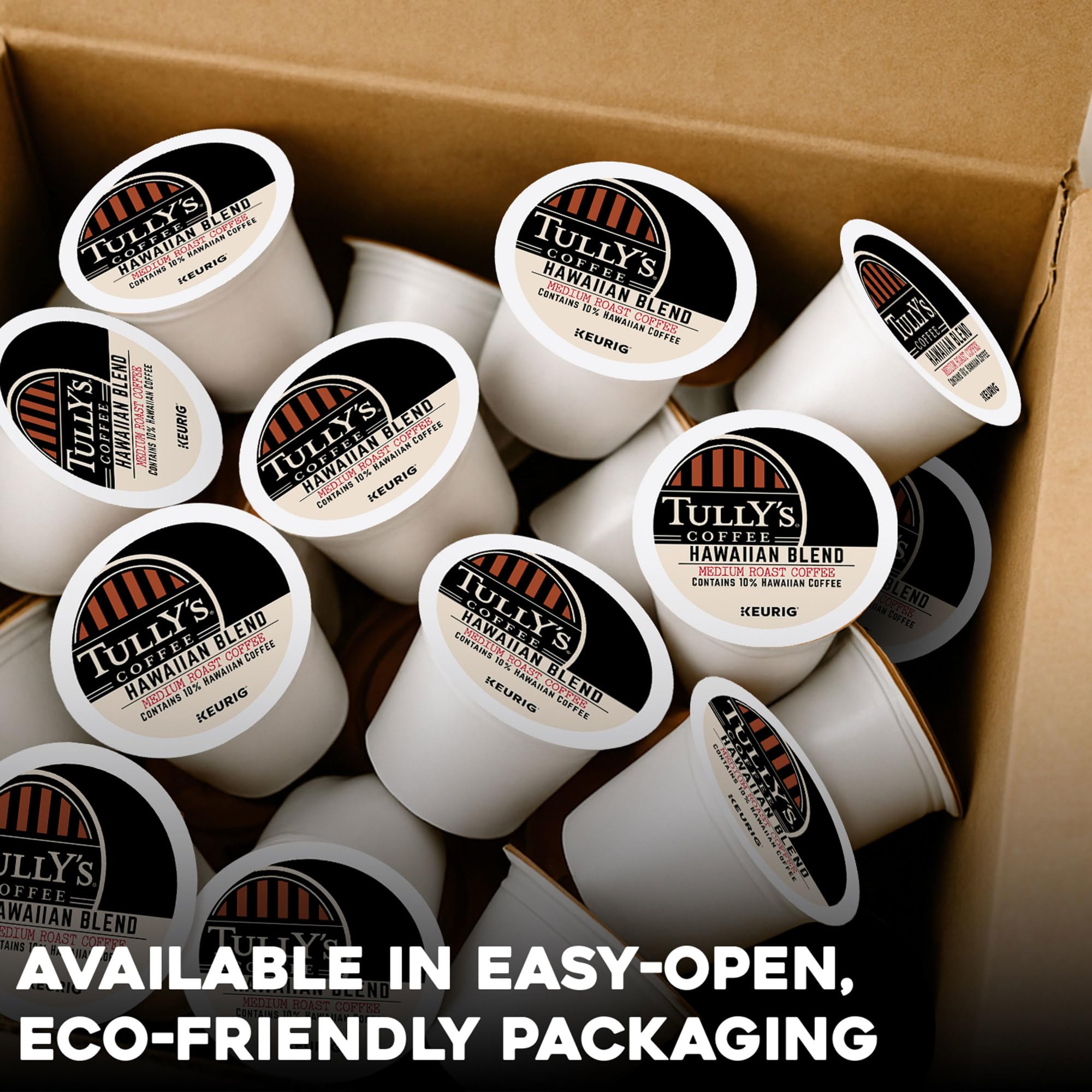Keurig brewing with Tully's Hawaiian Blend K-Cup pods for a quick cup.