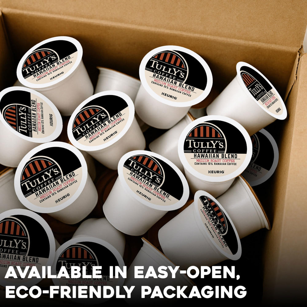 Keurig brewing with Tully's Hawaiian Blend K-Cup pods for a quick cup.