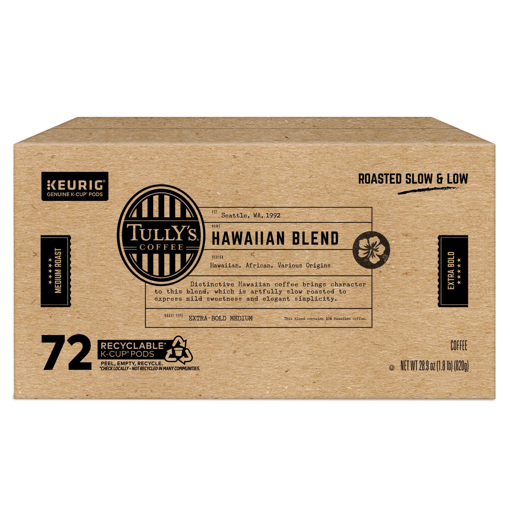 Medium roast profile highlighted on Tully's Hawaiian Blend packaging.